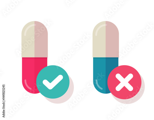 Pills yes no check mark and cross flat icon vector graphic illustration set flat design, verified safety medicine pharmaceutical health care tablets, correct wrong antibiotic drugs image clip art

