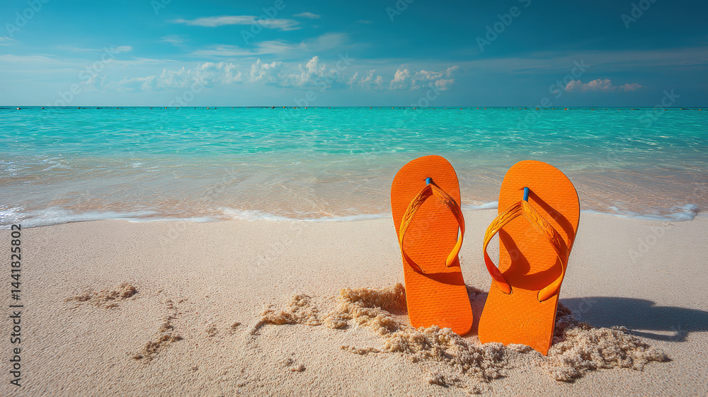 Bright beach scene with orange flip-flops standing in sand, turquoise sea waves, blue sky and soft sunlight, summer vacation concept
