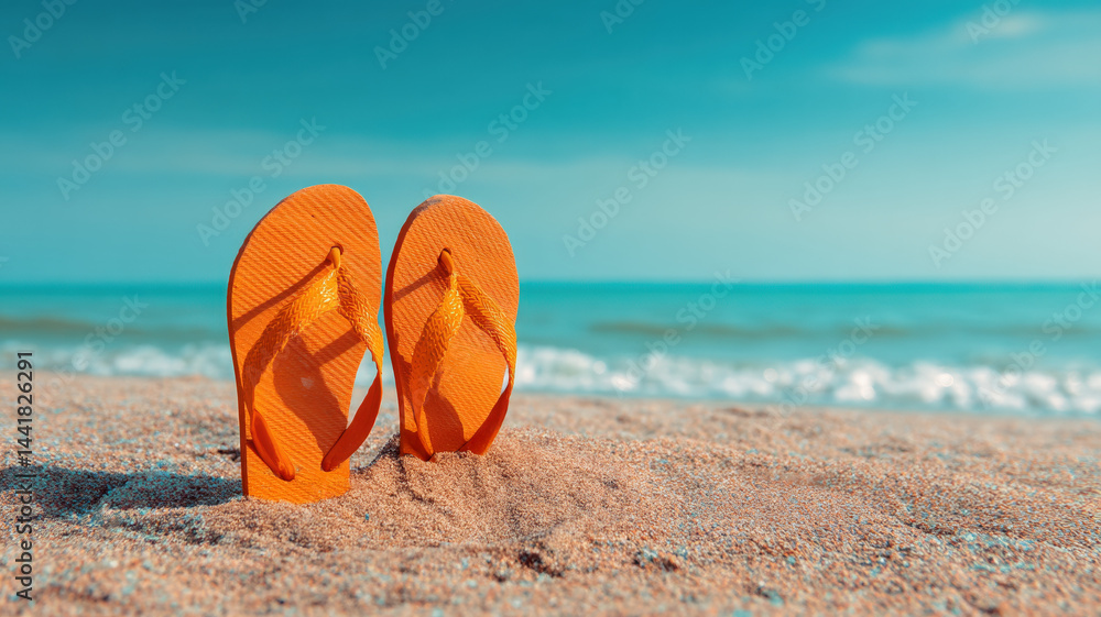 Bright beach scene with orange flip-flops standing in sand, turquoise sea waves, blue sky and soft sunlight, summer vacation concept