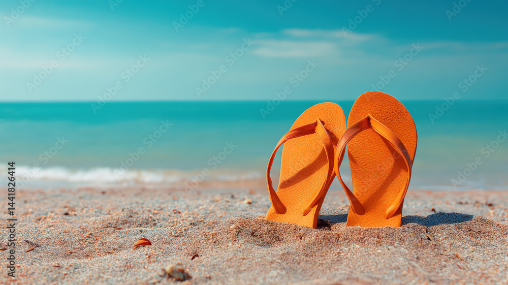 Bright beach scene with orange flip-flops standing in sand, turquoise sea waves, blue sky and soft sunlight, summer vacation concept