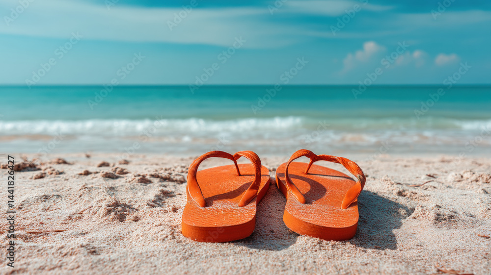 Orange flip-flops lying on warm sandy beach with turquoise ocean waves, bright blue sky and gentle sunlight, peaceful summer travel and relaxation holiday concept.