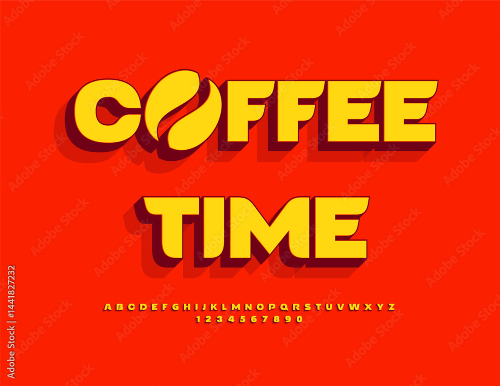 Obraz premium Vector Advertising flyer Coffee Time with Decorative Bean. Artistic Uppercase Font. Classic Digital Alphabet Letters and Numbers set.