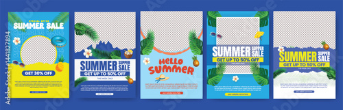 Editable summer sale print flyer or poster template set. promotional a4 size advertising for summer tropical background bundle, summer beach party invitation leaflet, brochure cover design pack