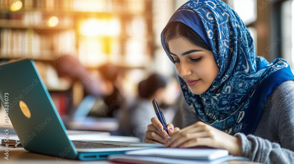 Young international students from diverse backgrounds studying together in a modern university library, books and laptops on table. Education, teamwork and multicultural learning concepts.