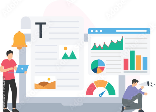 Marketers are working with different marketing tools, including text editor, analytics dashboard, and performance gauge, collaborating on a digital marketing campaign

