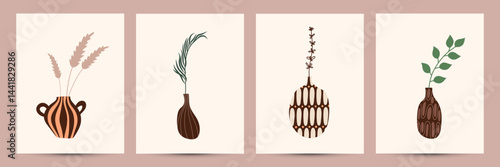 Clay vases collection Poster with plants. Greeting Card. Ceramic jugs, pots and in minimalistic trendy style. Leaves, Palm leaves, Dry leaves. Scandinavian art with vases