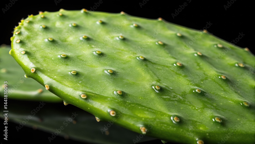 Closeup macro shot of glossy nopal pad isolated on black background highlighting unique surface texture Closeup macro shot of glossy nopal pad isolated on black background highlighting unique surface texture