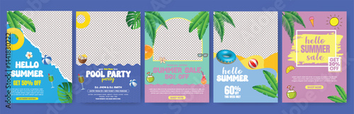 set of Editable print flyer or poster for summer sale, tropical summer beach pool party a4 size vertical poster design with tropical summer vector background bundle, summer Holiday tour poster pack  