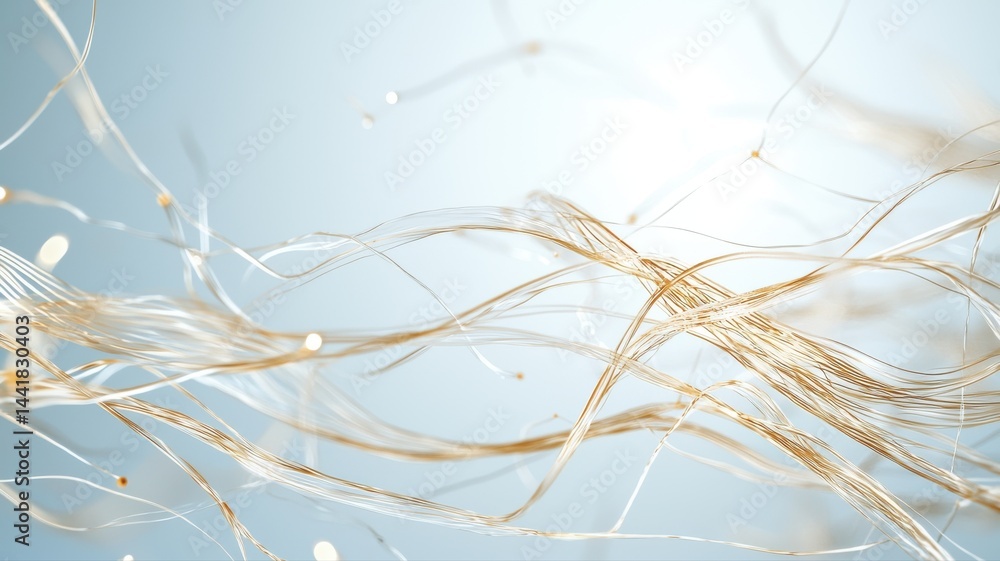 Fototapeta premium Abstract Golden Threads on Light Blue Gradient Background abstract threads gold golden wire gradient