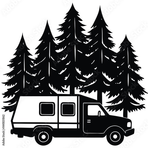 Camping Vehicle RV, camper van, trailer, roof tent vector Silhouette illustration 