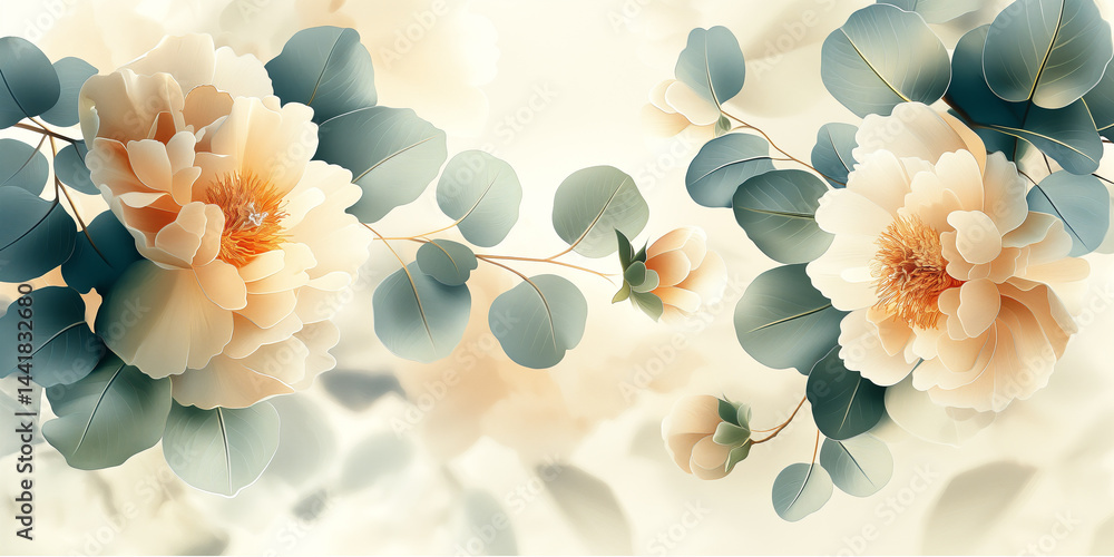 Luxury floral art: detailed peony petals and silver-green eucalyptus leaves on an elegant cream canvas