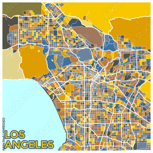 Modern Los Angeles City Map Graphic, With Colorful Block Patterns. The Map Is Designed To Be Eye-Catching And Visually Appealing. Artistic Map Of Los Angeles, California, USA