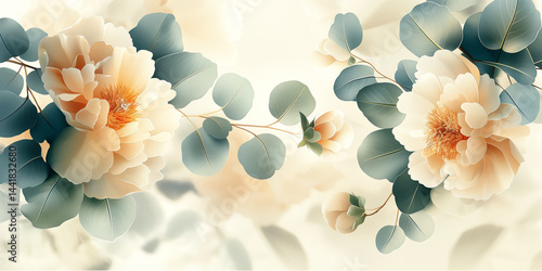 Obraz na płótnie Luxury floral art: detailed peony petals and silver-green eucalyptus leaves on an elegant cream canvas w salonie