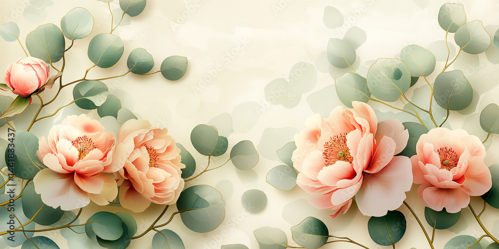 Abstract cream wallpaper: lush peony blooms and eucalyptus sprigs in soft-focus digital illustration