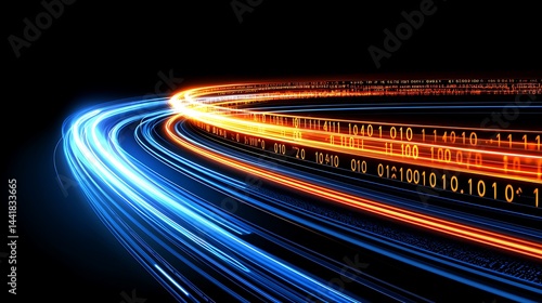 Vibrant Light Trails with Binary Code in Dark Background for Tech Art