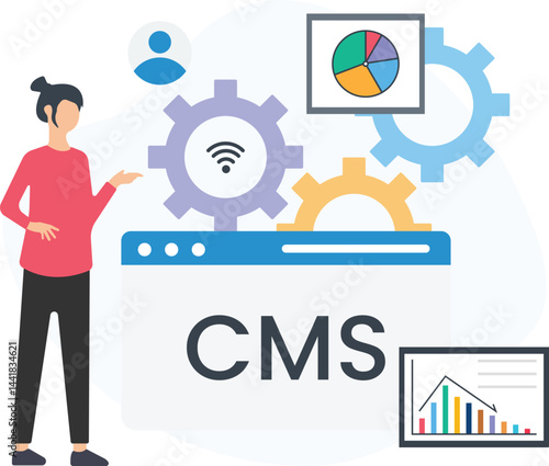 Project manager presenting cms software managing data and analyzing statistics with charts and diagrams, using a content management system to improve workflow

