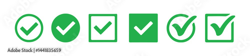 Green check mark icon set, tick mark with checkbox icon. vector illustration on transparent background.