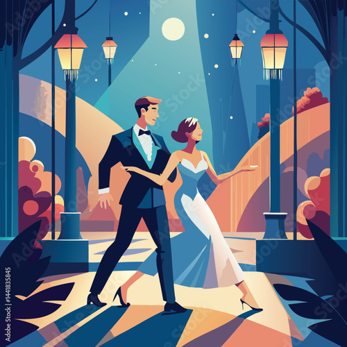 Vector illustration of a newlywed couple waltzing, in a realistic style, perfect for wedding and romantic designs.