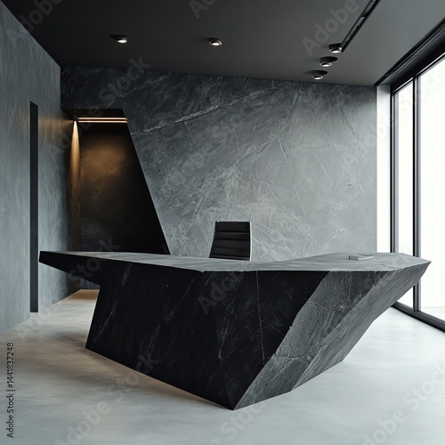 Modern angular office reception desk with minimalistic design and large windows