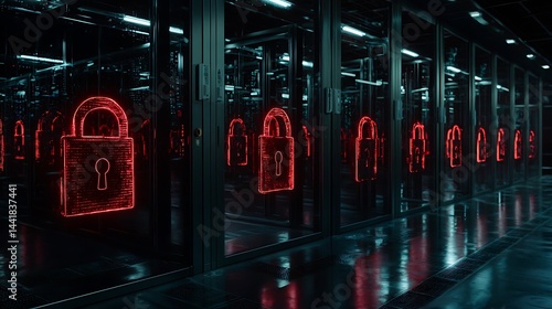 Neon Lock Symbols in Modern Data Center with Reflective Surfaces