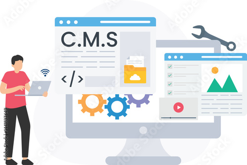 Website development process using a cms platform. With a web developer working on a laptop and different content elements displayed on a computer screen. Including text. Images. Videos. And settings

