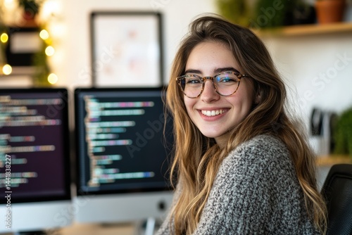 Young woman programmer smiling and working on computer at modern office desk with coding on screen, tech startup atmosphere, creativity and innovation.
