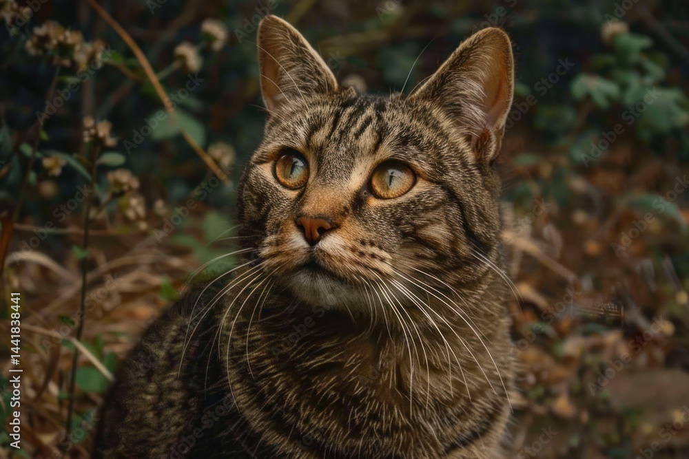 close-up of a thoughtful tabby cat sitting outdoors surrounded by dry grass and leaves with focused amber eyes and alert ears close-up of a thoughtful tabby cat sitting outdoors surrounded by dry grass and leaves with focused amber eyes and alert ears