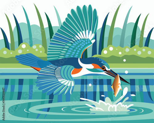 vector kingfisher in the water of fish