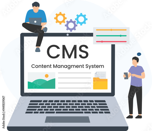 Two programmers are working together, managing website content using a content management system (cms) displayed on a laptop screen, symbolizing website development and online content creation

