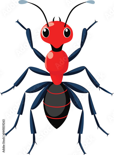 Bright red and black cartoon style ant vector illustration, ideal for children's educational content, storybooks, or games.