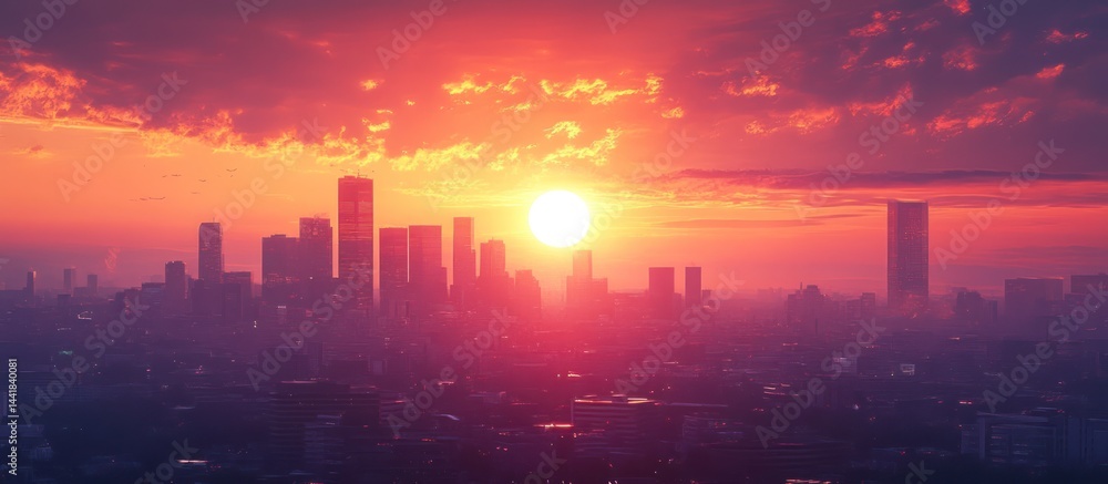 Fototapeta premium Cityscape sunset, hazy sky, urban backdrop