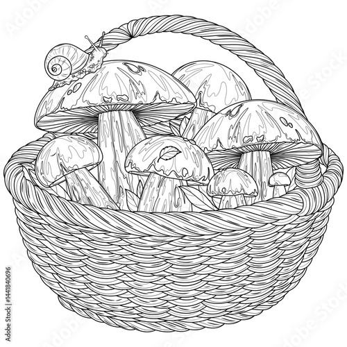 Basket of porcini mushrooms.Coloring book antistress for children and adults.