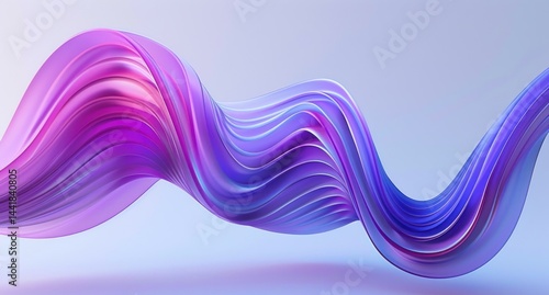 smooth flowing abstract wave shape with layered curved ribbons in shades of purple and pink on a soft blue gradient background evoking calm and fluidity