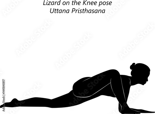 Silhouette of woman practicing Uttana Pristhasana yoga pose. Lizard on the Knee yoga pose. Intermediate Difficulty. Isolated vector illustration