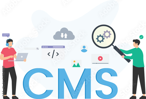 Programmers using cms, analyzing website data with magnifying glass, managing content, code, cloud storage, video, images, and providing customer support


