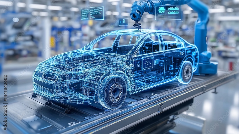 Obraz premium Automated car assembly line with robotic arm and transparent vehicle model