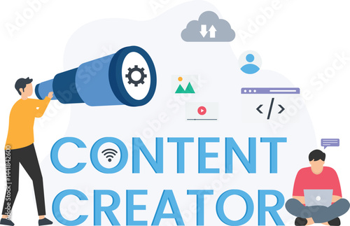 Content creator looking for inspiration using a spyglass, generating new ideas for creating digital content, such as videos, images, and code

