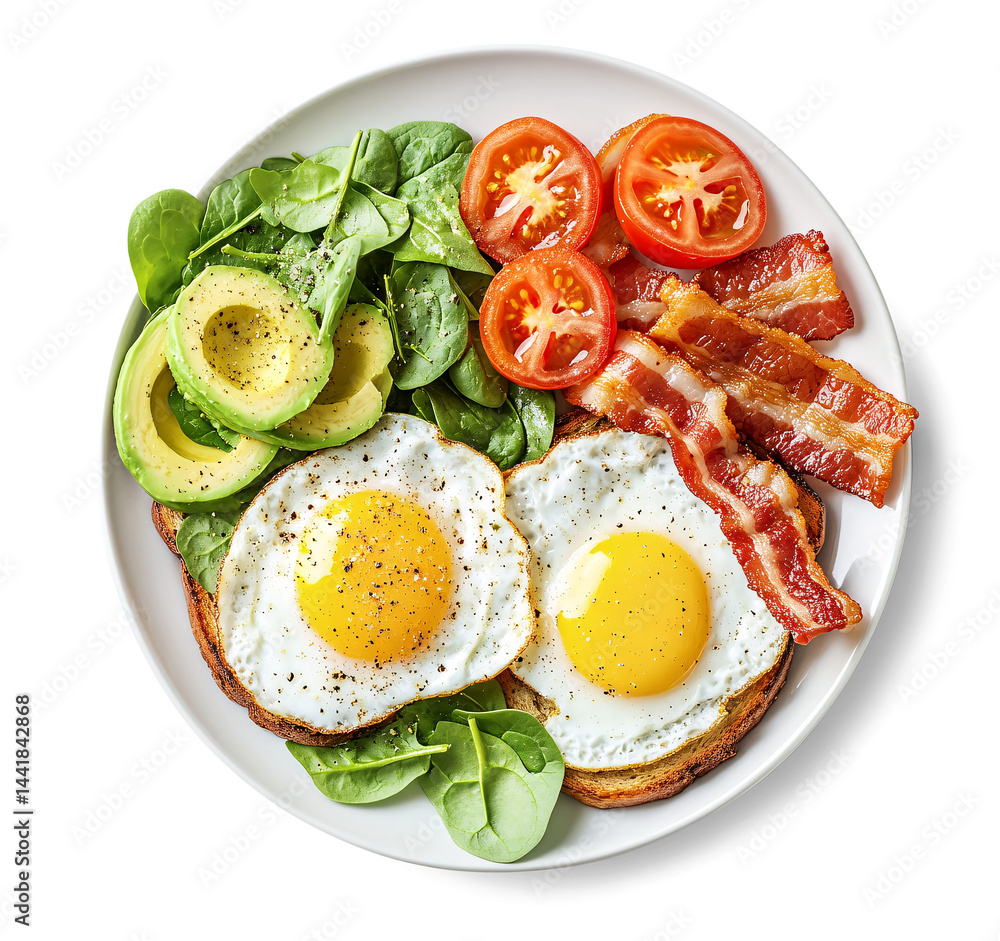 Keto breakfast with fried eggs, crispy bacon, avocado, tomato, spinach – low carb high fat diet food isolated PNG
Keto breakfast with fried eggs, crispy bacon, avocado, tomato, spinach – low carb high fat diet food isolated PNG