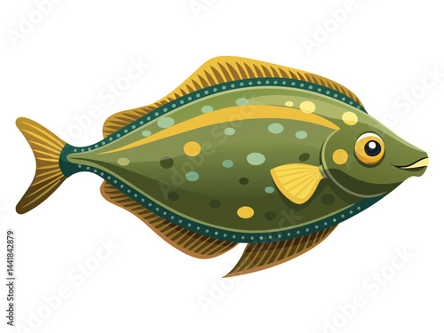 A colorful cartoon vector illustration depicts a tropical fish swimming underwater in the ocean