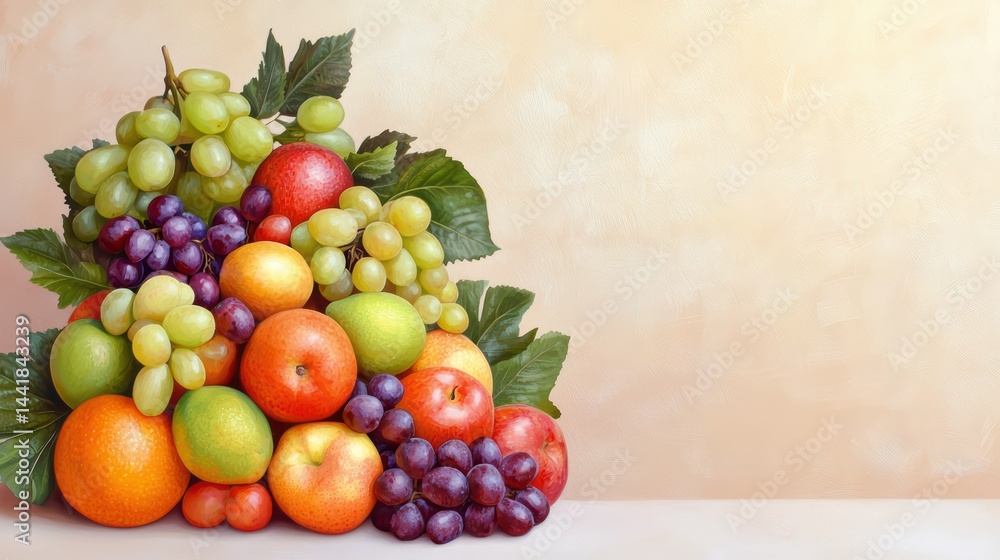 Vibrant Display of Fresh Fruits with Green Leaves and Neutral Background Vibrant Display of Fresh Fruits with Green Leaves and Neutral Background