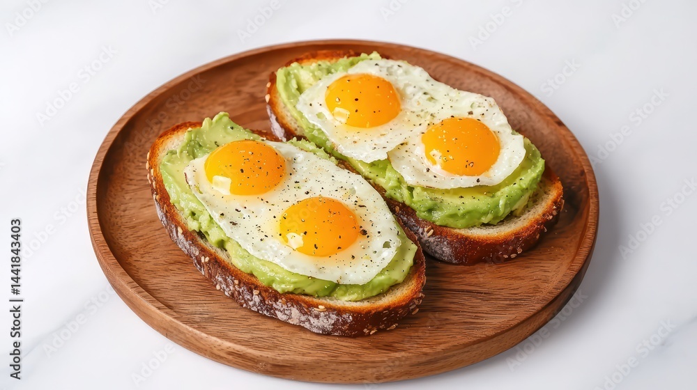Delicious Avocado Toast with Fried Eggs on Wooden Plate Delicious Avocado Toast with Fried Eggs on Wooden Plate