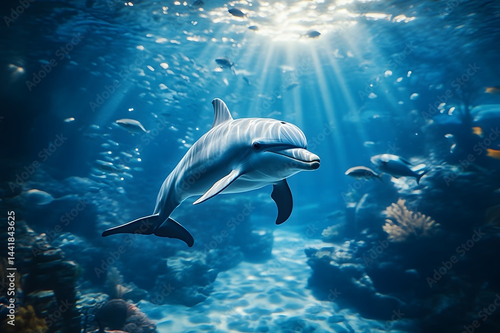 Obraz premium A dolphin swimming in the ocean surrounded by fish and coral reefs with sun rays shining through water