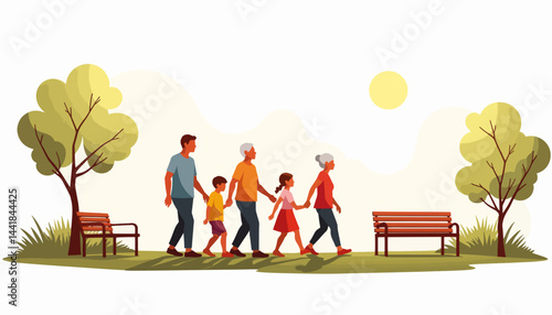 Family walking together in park, celebrating togetherness