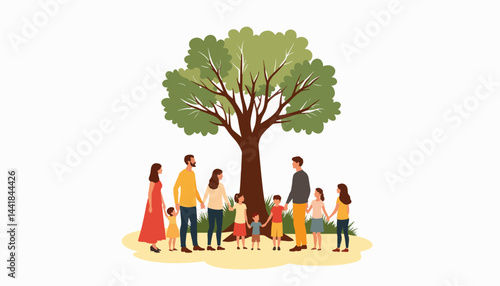 Family gathering around symbolic elder tree, unity and connection