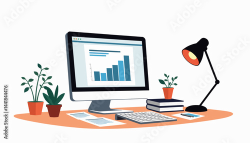 Finance manager's desk with computer and plants, organized workspace