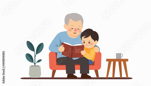 Grandfather reading joyfully to child on a sofa, family bonding