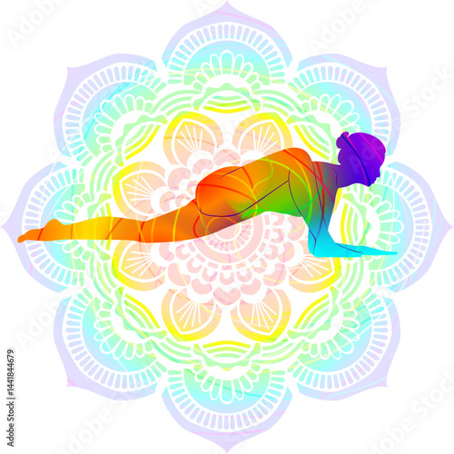 Colorful silhouette of woman practicing Uttana Pristhasana yoga pose. Lizard on the Knee  pose. Intermediate Difficulty. Isolated vector illustration