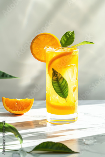 Fresh Orange Juice in Tall Glass, Garnished with Slices & Leaves, Sunlight Through, Clean White Background, 2:3