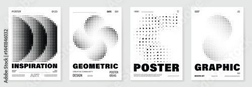 Abstract monochrome poster background vector set. Modern cover template with black and white perspective geometric prism shape, halftone dot. Ideal design for social media, banner, ads.