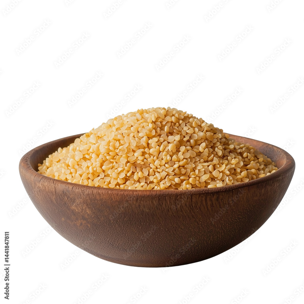 A bowl filled with golden Bulgur grains, showcasing raw seeds perfect for culinary and health-related visuals. isolated on white background and transparent background A bowl filled with golden Bulgur grains, showcasing raw seeds perfect for culinary and health-related visuals. isolated on white background and transparent background